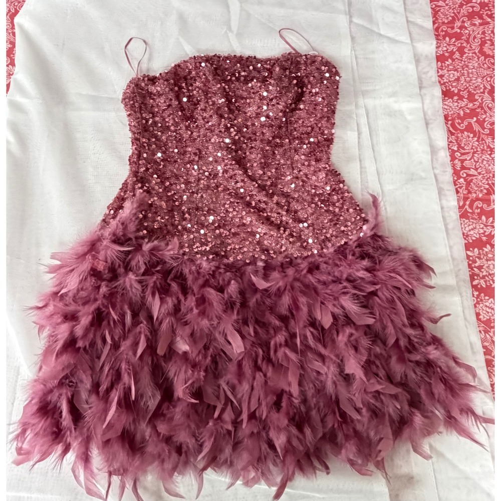 Fashion Nova Mauve Pink Sequin Feather Mini Dress Strapless Party Cocktail Small